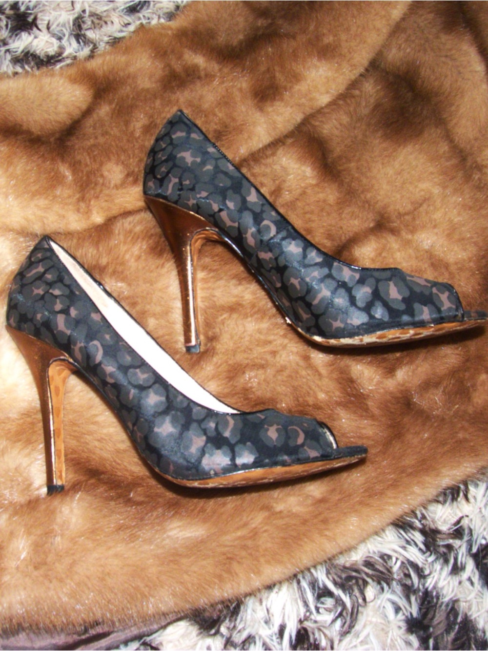 Black 2000s Betsey Johnson Leopard Peep-Toe High Heels